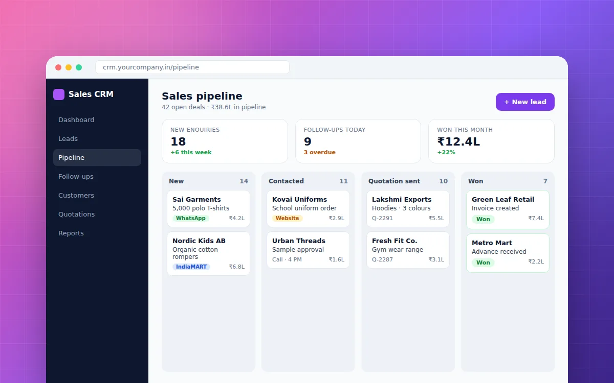 Sales CRM for a textile exporter — screen preview