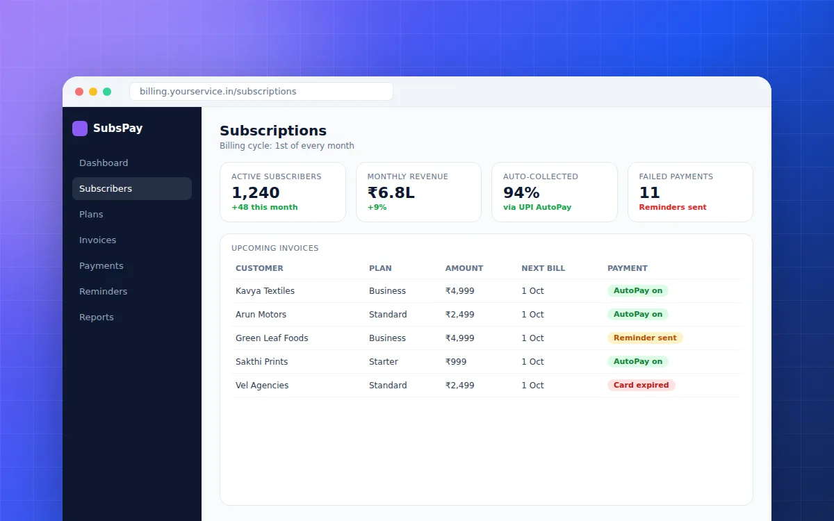 Recurring billing for a service company — screen preview